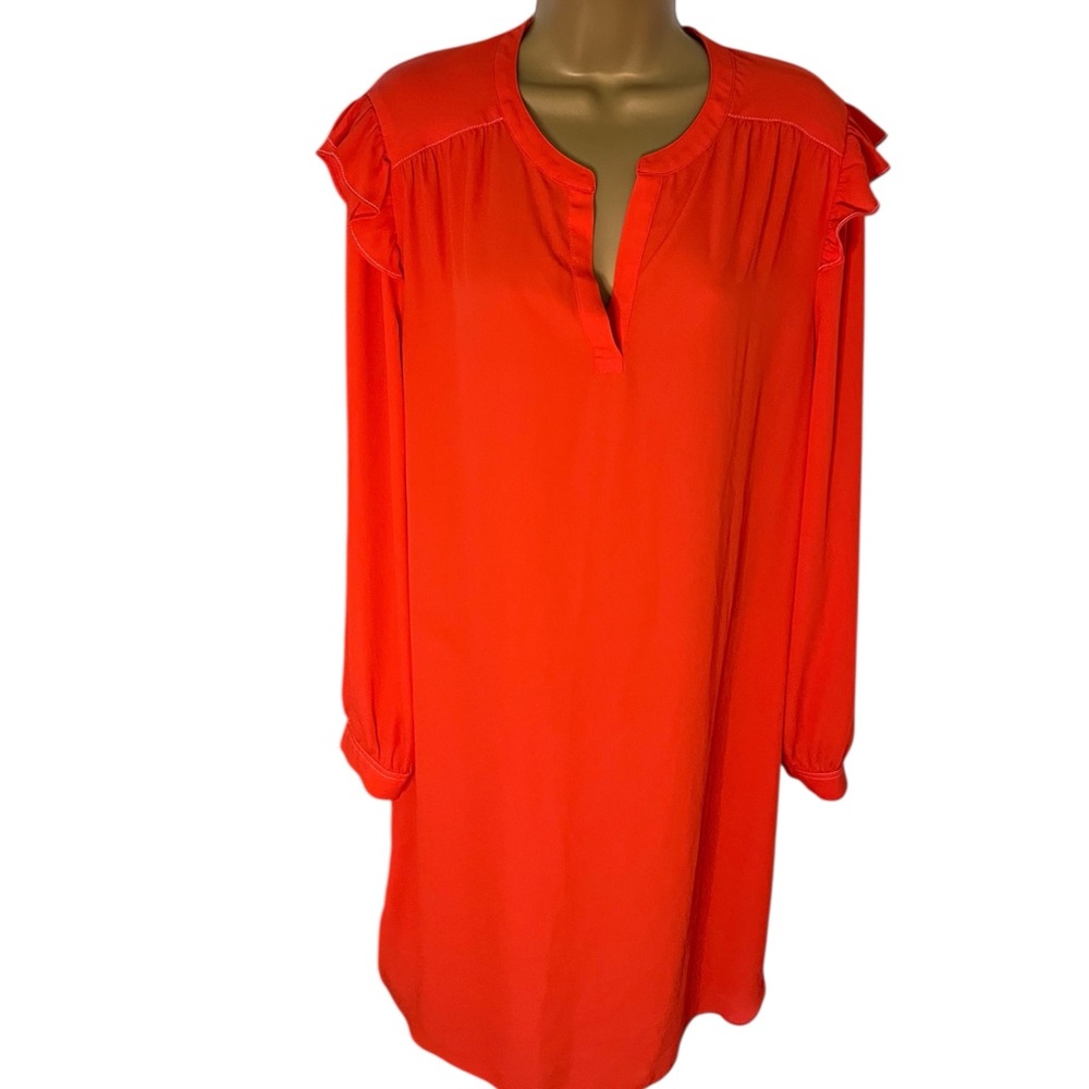 NM Neiman Marcus Shift Dress Ruffle Long Sleeve Split Neck Belt Loop Tangerine L